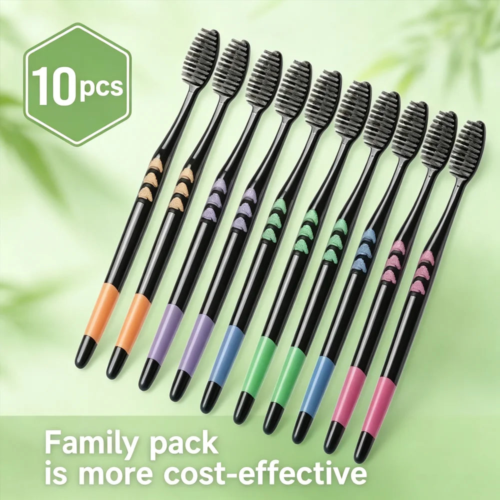 Soft Bristle Bamboo Charcoal Toothbrush Set, 10-Pack